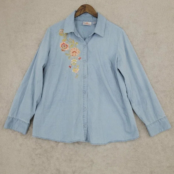 Quacker Factory Womens Embroidered Denim Button-Up Shirt Long Sleeve L 21CT - Picture 1 of 7